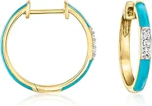 Ross-Simons Blue Enamel And Diamond Hoop Earrings In 18kt Gold Over Sterling