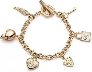 Harley-Davidson Women'S Mother Of Pearl Logo Charm Toggle Bracelet, Gold Brass