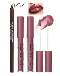 3pcs Hydrating Lip Gloss With Brown Lip Liner Combo Set,Plumping Lip Liner Moisturizing Nude Tinted Lips Glow Oil,Lightweight Non Sticky Liquid Lipstick Women Lipstain Makeup Long Lasting Lipgloss-12