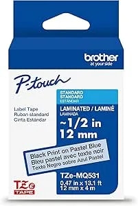 Brother Genuine P-Touch Tze Black Print On Pastel Blue Label Tape (tzemq531), Laminated, ~1/2in X 13.1ft (12mm X 4m), For Select P-Touch Label Makers, Durable, Water-Resistant, Indoor/Outdoor Use