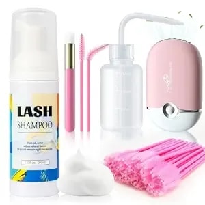 Buqikma Lash Shampoo Kit, Eyelash Extension Cleanser, Pink, 2.02fl Oz - Includes Usb Rechargeable Lash Fan, Cleansing Brush, Rinse Bottle & 50 Mascara Wands For Complete Lash Aftercare