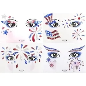 Boko 4th Of July Patriotic Glitter Face Stickers, 4pcs Red White Blue Temporary Tattoos, Self Adhesive Art Sticker Face Tattoos For Independence Day Memorial Day Veterans Day Flag Rave Party