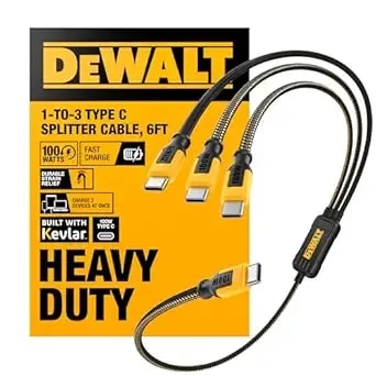 Dewalt 100w Smart Usb-C To Usb-C Splitter – Data Transfer & Fast Charging, 1-To-3 Output, Kevlar Reinforced, 6ft Heavy-Duty For Laptop, Macbook, Ipad, Android, Samsung, Iphone, Works W/Carplay