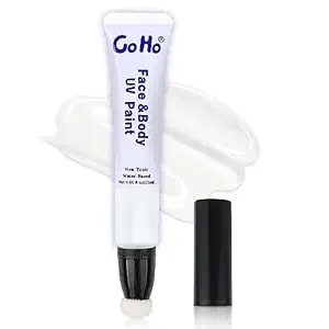 Go Ho Uv Blacklight Neon White Face Body Paint,Water Based Bright Color Neon Fluorescent Body Paint With Cushion Applicator,Glow In The Dark Under Uv Lighting Party Halloween Makeup Washable