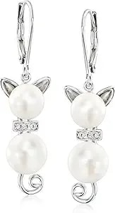 Ross-Simons 7.5-9mm Cultured Pearl And Diamond-Accented Cat Drop Earrings In Sterling Silver