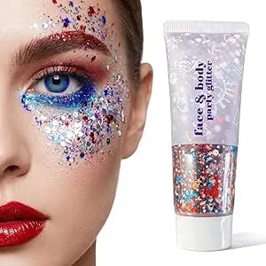 Red White And Blue Body Glitter, 4th Of July Patriotic Face Hair Glitter Gel For Women, Self-Adhesive Sparkling Sequins For Independence Day Memorial Day Usa Celebration (Independence Day Colors)