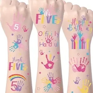 Officially A Handful 5th Temporary Tattoos - 96pcs Officially A Handful 5th Birthday Decorations Favors, Five High Hi Tattoo Stickers, Bday Decor Gifts Supplies Prizes Rewards