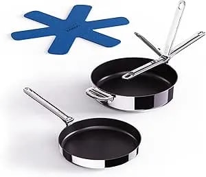 Joseph Joseph Space Steel 2-Piece Nonstick Stainless-Steel Frying Pan Skillet Set, Nesting With Folding Handles, Induction & Oven Safe