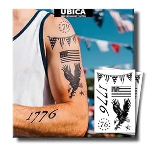 Tattoo Tech, 2 Sheets Large Semi Permanent Tattoo, Develops Fully In 48h, Lasts 7-15 Days Temporary Tattoos(Eagle, American Flag, 1776), Waterproof And Non-Reflective