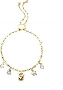 Disney Winnie The Pooh Two-Tone Crystal & Mop & Enamel Hunny Flower Bolo Bracelet For Women, 14kt Gold Plated, 7"+1" Adjustable