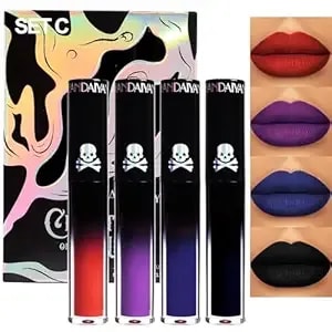 4pcs Dark Red Purple Blue Black Matte Liquid Lipstick Sets,Matte Lipstick Lip Stain Long Lasting 24 Waterproof Lip Gloss Gift Set Matt Liquid Makeup Lipstick For Women Halloween Party Cosplay(Set C)