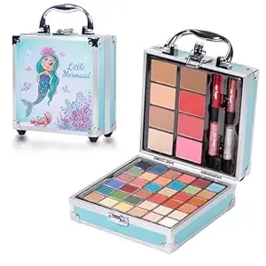 Hot Sugar Girls Makeup Kit For Teenagers 13-15 Includes Eyeshadow Lip Gloss Blush Highlighter Contour Brush (Blue Mermaid)