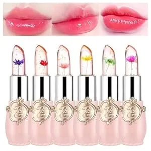 Bonnie Choice 6 Pcs Crystal Flower Jelly Lipstick Set, Temperature Change Moisturizer Long Lasting Flower Lip Stick Nutritious Lip Balm Magic Color Change Lip Gloss Makeup