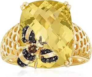 Ross-Simons 8.75 Carat Lemon Quartz Bumblebee Ring With Smoky Quartz And Black Spinels In 18kt Gold Over Sterling