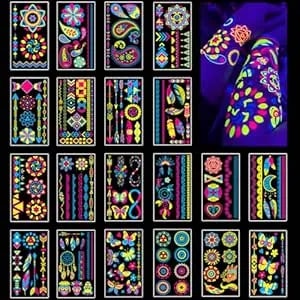 Temporary Tattoos 170 Pcs Glow In The Dark Tattoos That React To Neon Uv Black Light, Tattoos For Kids Teens And Adult, Neon Glow Party Decorations, Glow In The Dark Party Supplies, Glow Party Favors