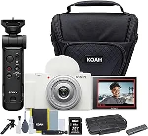 Sony ZV-1F Vlog Camera For Content Creators And Vloggers (White) Bundle With GP-VPT3 Multi-Function Bluetooth Shooting Grip, Holster Camera Case, And OTG Dual Slot SD Card Reader (4 Items)