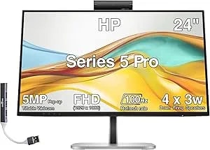 Hp Series 5 Pro 24" Fhd Usb-C Conferencing Monitor, 5mp Pop-Up Webcam, 4x3w Speakers, Vesa Mount (100mm), Displayport, Hdmi & Dockztorm Usb Port Expander, Black/Silver