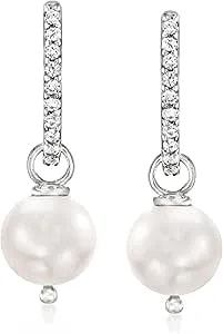 Ross-Simons 10mm Cultured Pearl And .40 Ct. T.W. White Topaz Removable Hoop Drop Earrings In Sterling Silver