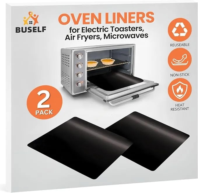 Buself Toaster Oven Liner – Compatible With Breville, Cuisinart, Black & Decker, Dash, And More – Nonstick Heat Resistant Reusable Air Fryer Liners, Pfoa & Bpa Free, 9x11", 2 Pack, Black