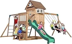 Backyard Discovery Montpelier Cedar Wood Swing Set, Ages 3-6 Years, Wave Slide, Clubhouse, Monkey Bars, Picnic Area, Belt Swings, Trapeze, Balcony, Playhouse, Door, Ladder, Outdoor Playset