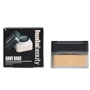 Huda Baby Bake Mini Easy Bake Loose Baking & Setting Powder - Kunafa (Deep Tan And Rich Skin Tones. Golden Undertones Brighten And Disguise Under-Eye Darkness) .21 Oz