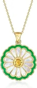 Ross-Simons Mother-Of Pearl And .50 Carat Citrine Flower Pendant Necklace With Green Enamel In 18kt Gold Over Sterling. 18 Inches