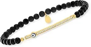 Ross-Simons 3.8-4.5mm Onyx Bead And .10 Ct. T.W. Cz Evil Eye Stretch Bracelet In 18kt Gold Over Sterling