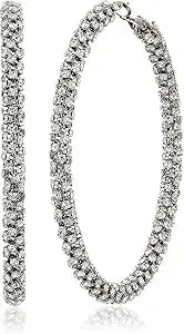 Guess Women'S Silver-Tone Pave Crystal Glass Stone Hoop Earrings