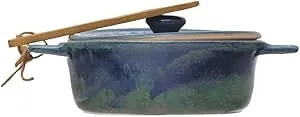 Creative Co-Op Stoneware Brie Baker With Bamboo Spreader Set In Reactive Glaze, Blue And Natural