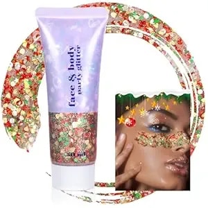Boko 50ml Body Glitter Gel, Red Green Mardi Gras Chunky Glitter Gel For Face Hair Body Sparkle Makeup, Cosmetic Mermaid Face Glitter Sequins For Mardi Gras Concert Party Event Rave Accessories