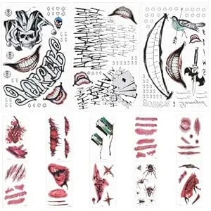 Joker Tattoos 13 Sheets Halloween Temporary Tattoos Large Size Waterproof Fake Tattoo Stickers Clown Costume Masquerade Cosplay Party Accessories
