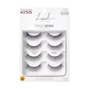 Kiss Lash Couture Reusable Faux Mink Lashes, Little Black Dress, 4 Pairs, 12mm Length, Trim To Fit, Natural-Look Wispy Flared Strip Lashes With Knot-Free Band, Featherlight, Cruelty-Free Vegan