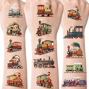 Vintage Train Temporary Tattoos, 8 Sheets Train Birthday Decorations, Steam Trains Railroad Tattoo Stickers For Transportation Themed Party Favors Supplies Prizes Rewards