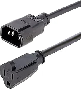 Startech.Com 1ft (0.3m) Power Extension Cord, IEC 320 C14 To NEMA 5-15R, 10A 125V, 18AWG, Black Computer Power Extension Cord, AC Outlet Extension Cable For Network Equipment, UL Listed (PAC100)