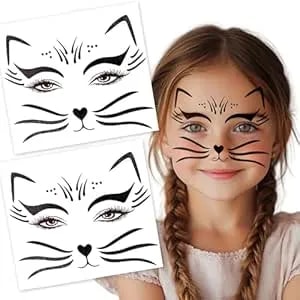 2 Pack Halloween Cat Temporary Tattoos - Glitter Halloween Face & Body Stickers For Women, Realistic Animal Skin Decals For Cosplay, Makeup & Festive Looks (4-Black Cat)