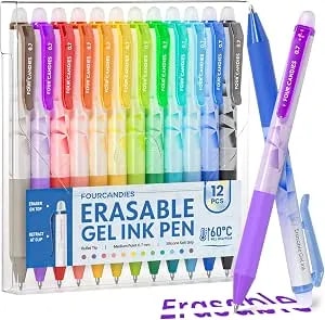 Four Candies Erasable Gel Pens, 0.7 Mm Fine Point Pens, 12 Assorted Colors - Make Mistakes Disappear, Erasable Pens Multicolor, Retractable Erasable Pens For School, Journaling & Office Writing