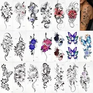 Snake Dragon Flower Temporary Tattoos For Women&Men,Waterproof Half Sleeve Fake Tattoos With Skull Rose Butterfly Designs,Long Lasting Realistic Tattoos&Body Art Stickers For Arm,Neck,Chest,Waist&Legs