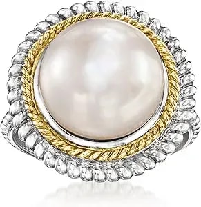 Ross-Simons 12-12.5mm Cultured Pearl Roped-Edge Ring In Sterling Silver And 14kt Yellow Gold