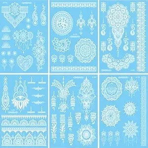 White Lace Tattoo Stickers Wedding Temporary Tattoo Stickers Flower Lace Tattoo Sticker White Love Floral Tattoo Decal Design Self-Adhesive Arm Body Art Accessories For Girl Woman 6sheets