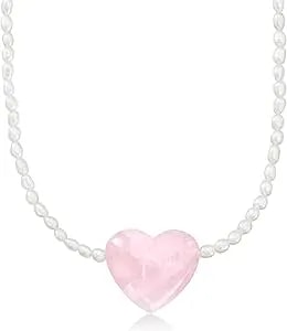 Ross-Simons 4-4.5mm Cultured Pearl And 55.00 Carat Rose Quartz Heart Necklace With 18kt Gold Over Sterling