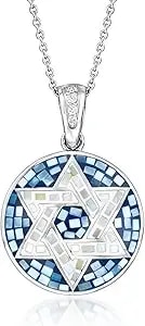 Ross-Simons Mother-Of-Pearl Star Of David Mosaic Pendant Necklace With .10 Ct. T.W. White Zircon In Sterling Silver. 18 Inches