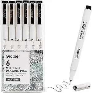 Grabie Micro Fineliner Pens, 6 Black Waterproof Drawing Pens - Waterproof Pigment Ink, 6 Assorted Tip Sizes, Precision Fine Lines, Metal-Clad Nibs, Smooth Ink Flow, Smudge Resistant