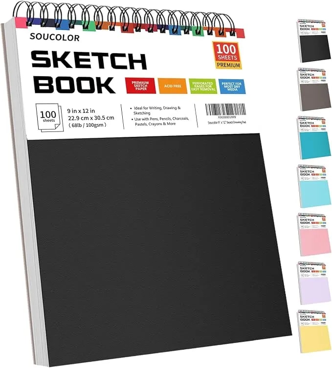 Soucolor Sketch Book 9" X 12", 100 Sheets Kids Art Sketchbook Drawing Pad - 68lb Acid-Free, Fine-Texture Paper, Top Spiral For Lay-Flat, Gift For Teens Girls Boys Beginners Adults, School Art Supplies