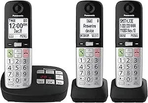 Panasonic Cordless Phone, Easy To Use With Large Display & Big Buttons, Flashing Favorites Key, Flashlight, Call Block, Volume Boost, Talking Caller ID, House Phones, 3 Handsets - KX-TGU433B