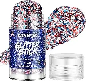 Flag Hair Face Body Glitter Stick For Independence Day Sparkling Makeup, Red Blue White Holographic Chunky Sequins Glitters Stick For July 4th Outfit Rave Accessories, 1.06 Oz, #9