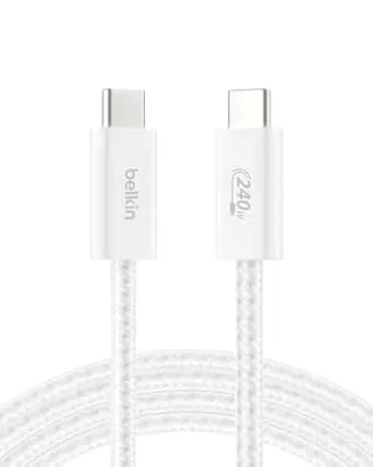 Belkin Usb C To Usb C Cable, 6.6ft, 240w - Type C Charger, Iphone Charger Cord, Soft, Braided, Flexible For Iphone 17, Galaxy s25, Pixel 10, Macbook, Chromebook, Ipad Pro, Switch Steam Deck – White