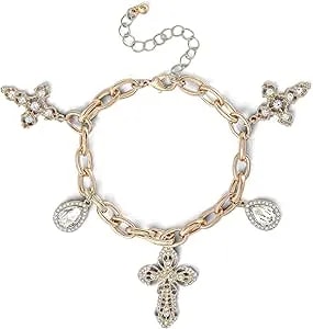 Jessica Simpson Gold-Tone Charm Bracelet For Women Adjustable, Chunky Bracelet With 7 Charms, Mother'S Day Gifts For Her