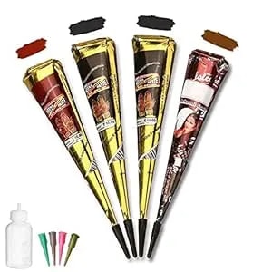 Temporary Tattoo Kit，4pcs Tattoo Cones,100% Natural Ready To Use Black Tattoo Paste, India Body Diy Art Painting For Women Men Kids With 20 Adhesive Stencils, 1 Bottle, 4nozzles
