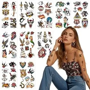 76 Pcs Retro Temporary Tattoos Classic Old School Colorful Tattoos Stickers Flowers Snake Adult Men Women Body Art