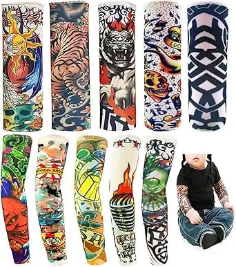 Kids Temporary Tattoo Sleeves Halloween, 10pcs Fake Slip On Arm Sunscreen Sleeves For Boys And Girls